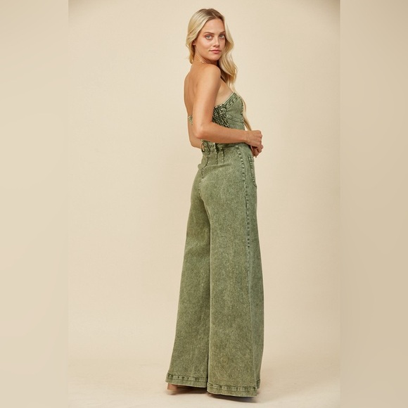 NEW ! BEAUTIFUL ACID OLIVE COLOR TUBE TOP FLARE BOTTOMS DENIM JUMPSUIT - Picture 2 of 5
